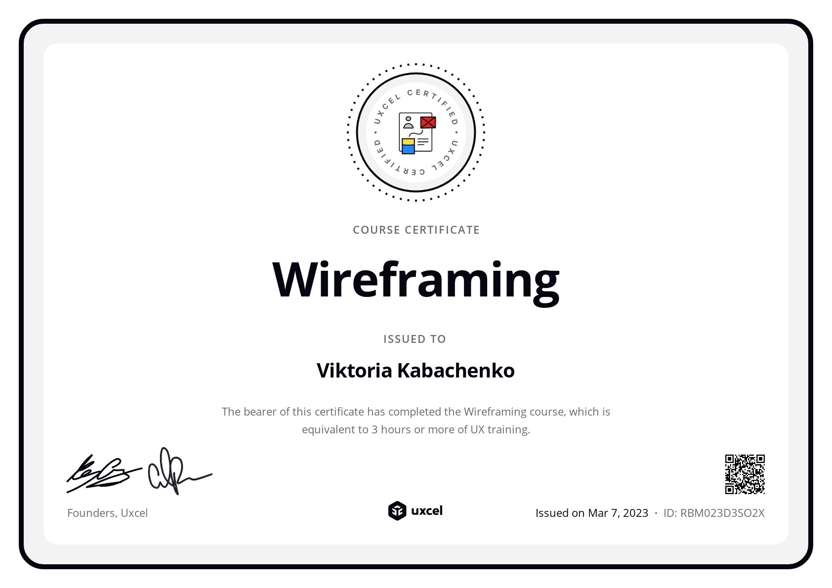 Viktoria Kabachenko's certificate